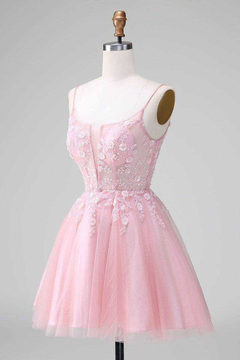 Load image into Gallery viewer, Blush A-Line Spaghetti Straps Tulle Homecoming Dress mit Appliques