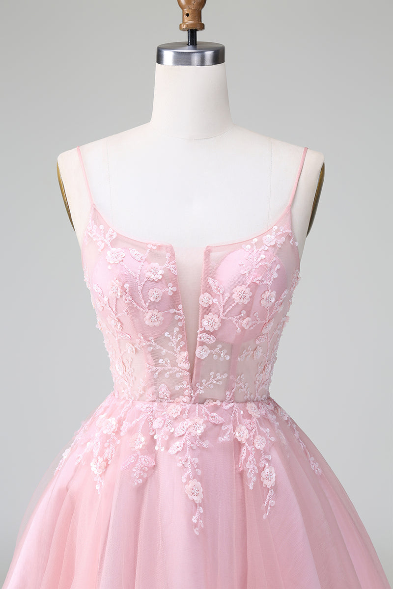 Load image into Gallery viewer, Blush A-Line Spaghetti Straps Tulle Homecoming Dress mit Appliques