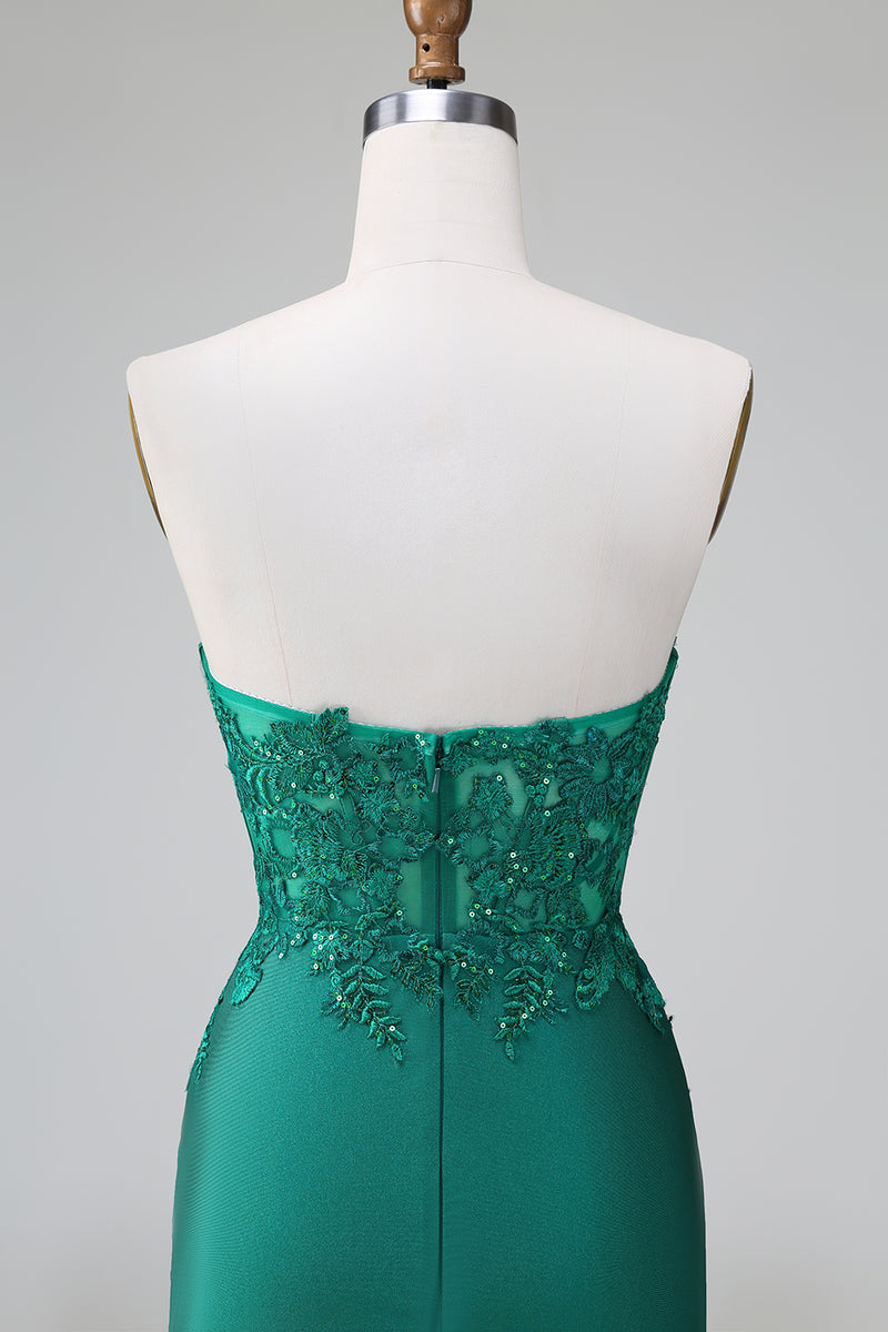 Load image into Gallery viewer, Dark Green Strapless Bodycon Satin Homecoming Dress mit Appliques