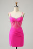 Load image into Gallery viewer, Fuchsia Spaghetti Straps Tight Corset Homecoming Dress with Beading