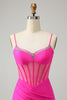 Load image into Gallery viewer, Fuchsia Spaghetti Straps Tight Corset Homecoming Dress with Beading