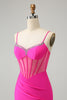 Load image into Gallery viewer, Fuchsia Spaghetti Straps Tight Corset Homecoming Dress with Beading