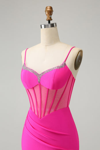 Fuchsia Spaghetti Straps Tight Corset Homecoming Dress with Beading