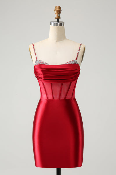 Red Spaghetti Straps Satin Corset Homecoming Dress with Beading