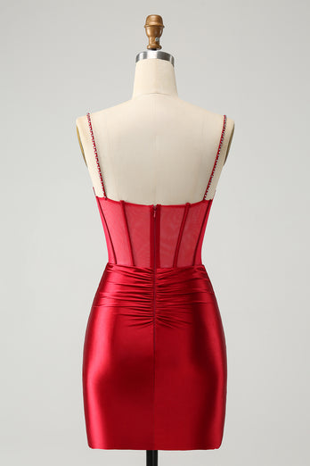 Red Spaghetti Straps Satin Corset Homecoming Dress with Beading