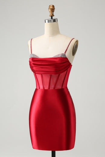 Red Spaghetti Straps Satin Corset Homecoming Dress with Beading