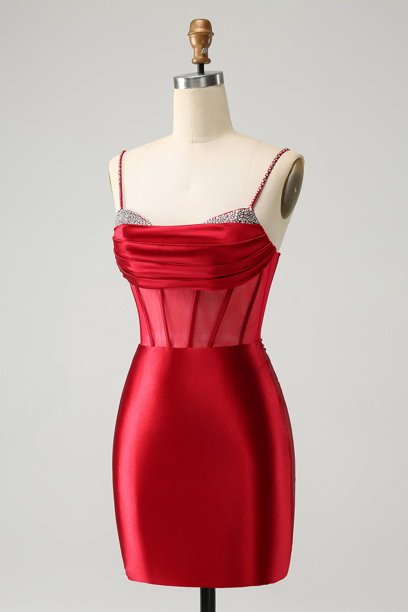 Load image into Gallery viewer, Red Spaghetti Straps Satin Corset Homecoming Dress with Beading