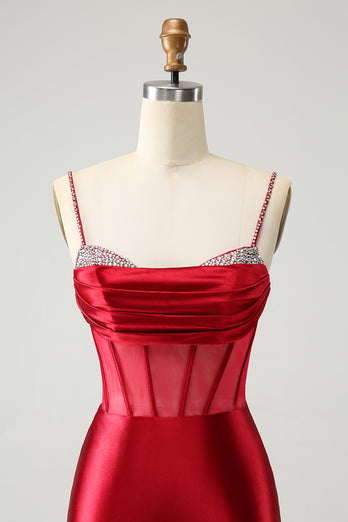 Red Spaghetti Straps Satin Corset Homecoming Dress with Beading