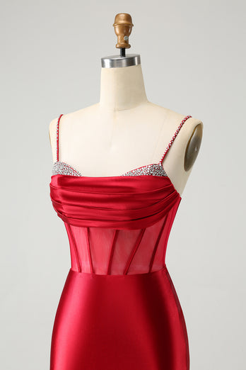 Red Spaghetti Straps Satin Corset Homecoming Dress with Beading