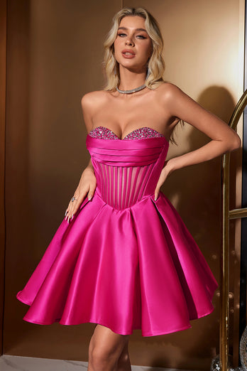 Sweetheart Fuchsia A-Line Corset Homecoming Dress with Beading