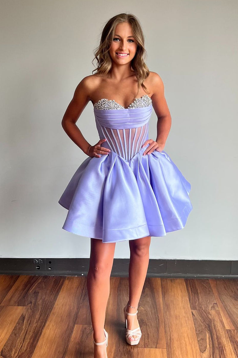 Load image into Gallery viewer, Sparkly A-Line Lilac Sweetheart Corset Short Homecoming Dress