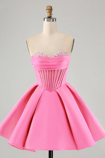 A-Line Sweetheart Fuchsia Corset Short Homecoming Dress with Beading