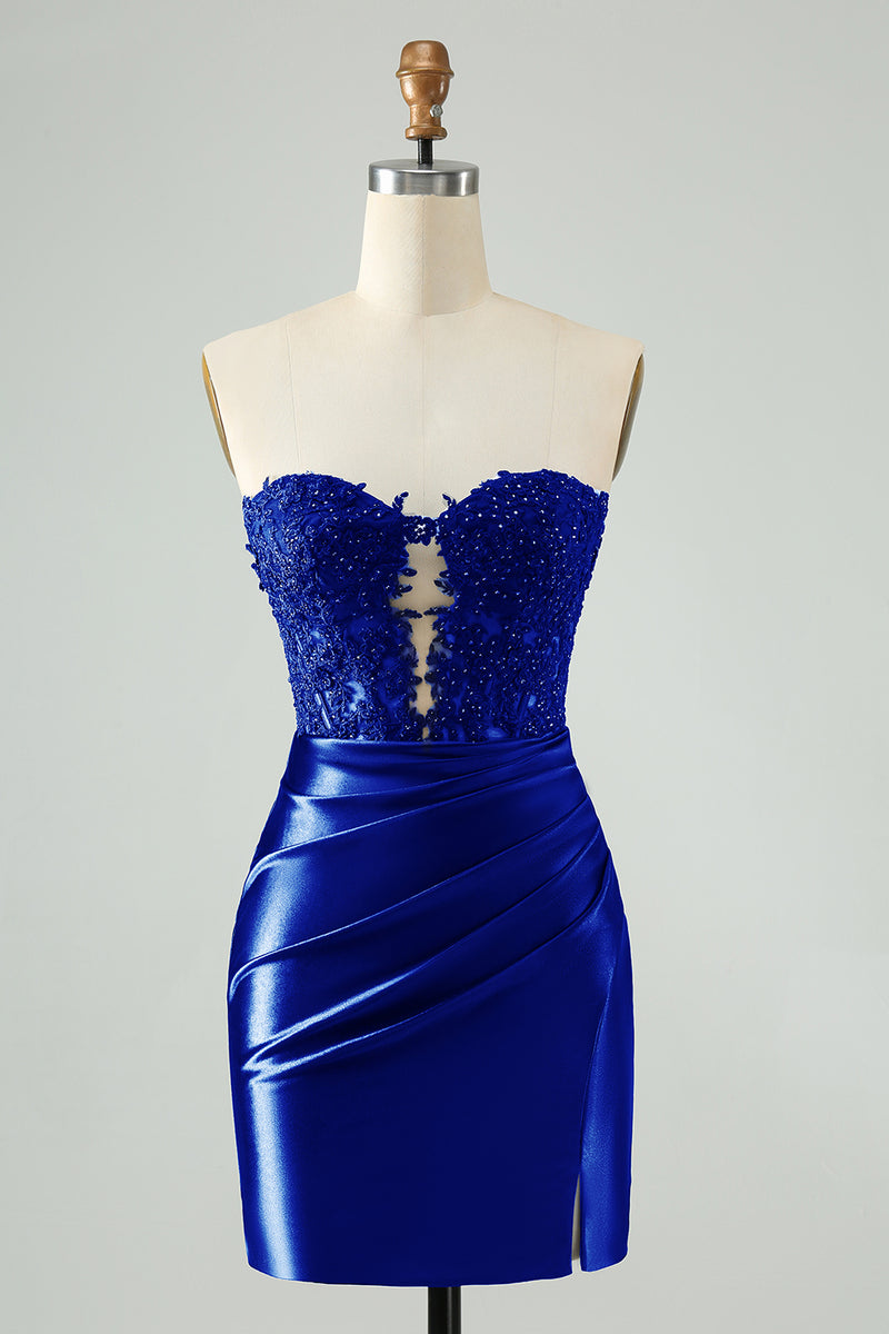 Load image into Gallery viewer, Sweetheart Royal Blue Bodycon Ruched Homecoming Dress mit Appliques