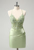 Load image into Gallery viewer, Spaghetti Straps Green Bodycon Satin Homecoing Dress with Appliques