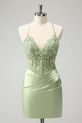 Spaghetti Straps Green Bodycon Satin Homecoing Dress with Appliques