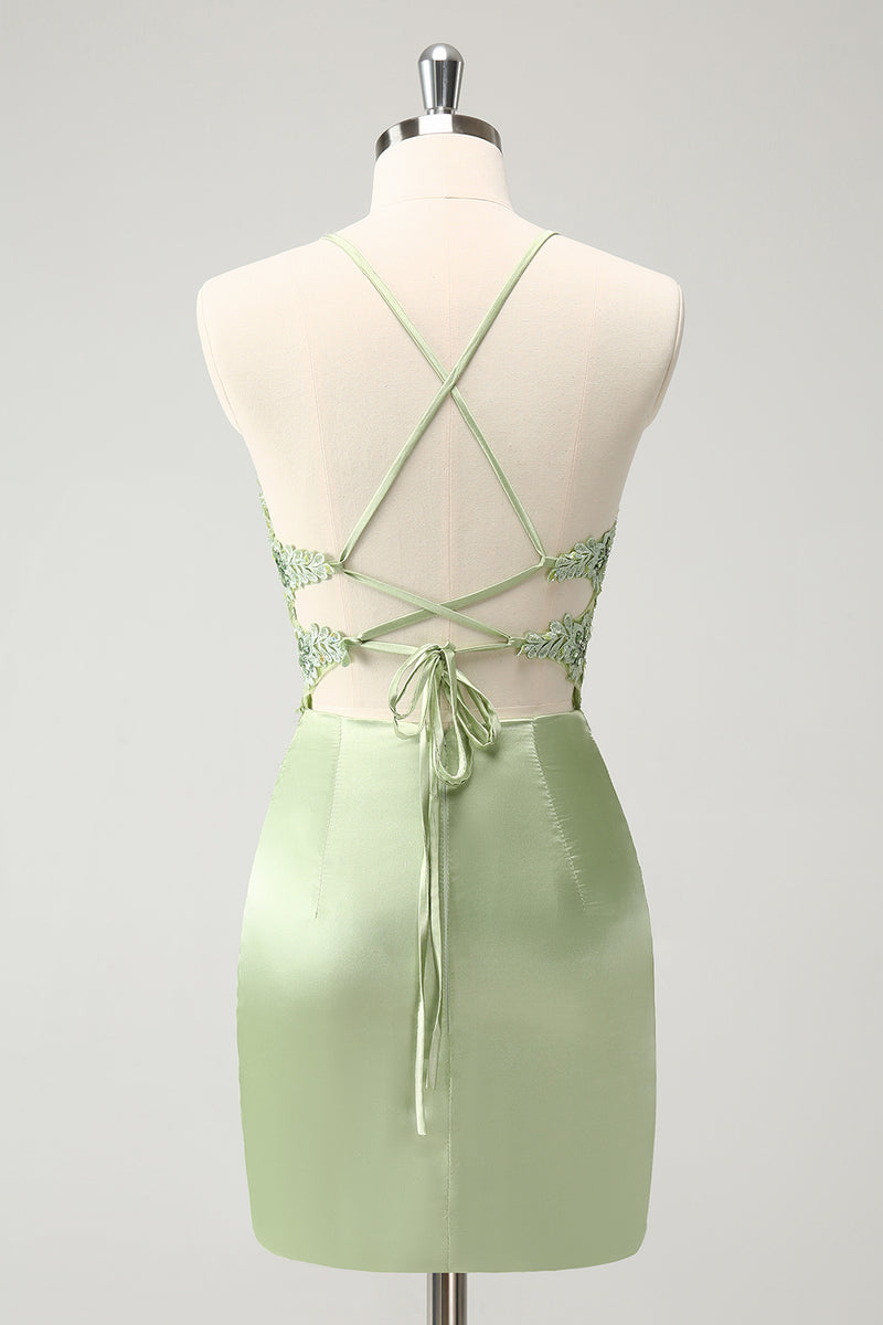 Load image into Gallery viewer, Spaghetti Straps Green Bodycon Satin Homecoing Dress with Appliques