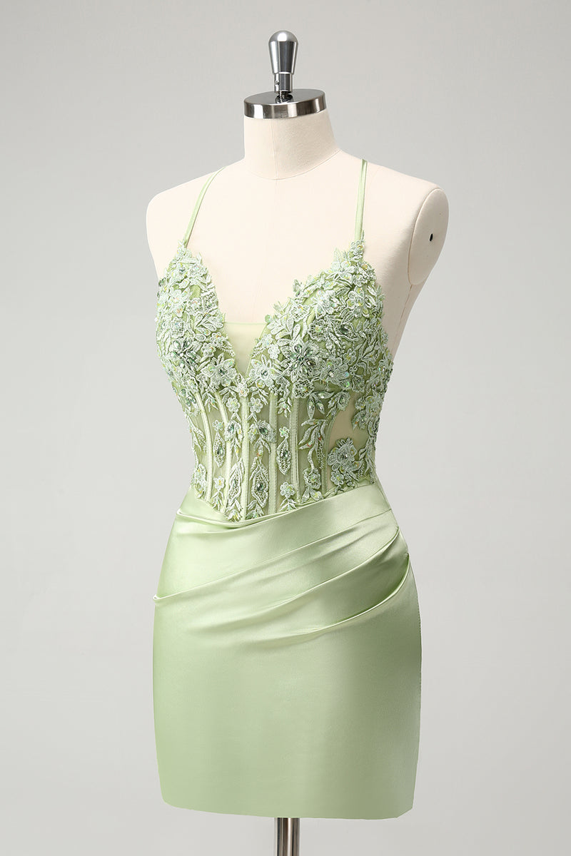 Load image into Gallery viewer, Spaghetti Straps Green Bodycon Satin Homecoing Dress with Appliques