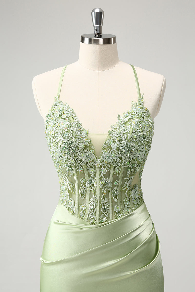 Load image into Gallery viewer, Spaghetti Straps Green Bodycon Satin Homecoing Dress with Appliques