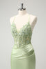 Load image into Gallery viewer, Spaghetti Straps Green Bodycon Satin Homecoing Dress with Appliques