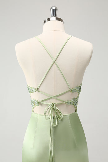 Spaghetti Straps Green Bodycon Satin Homecoing Dress with Appliques