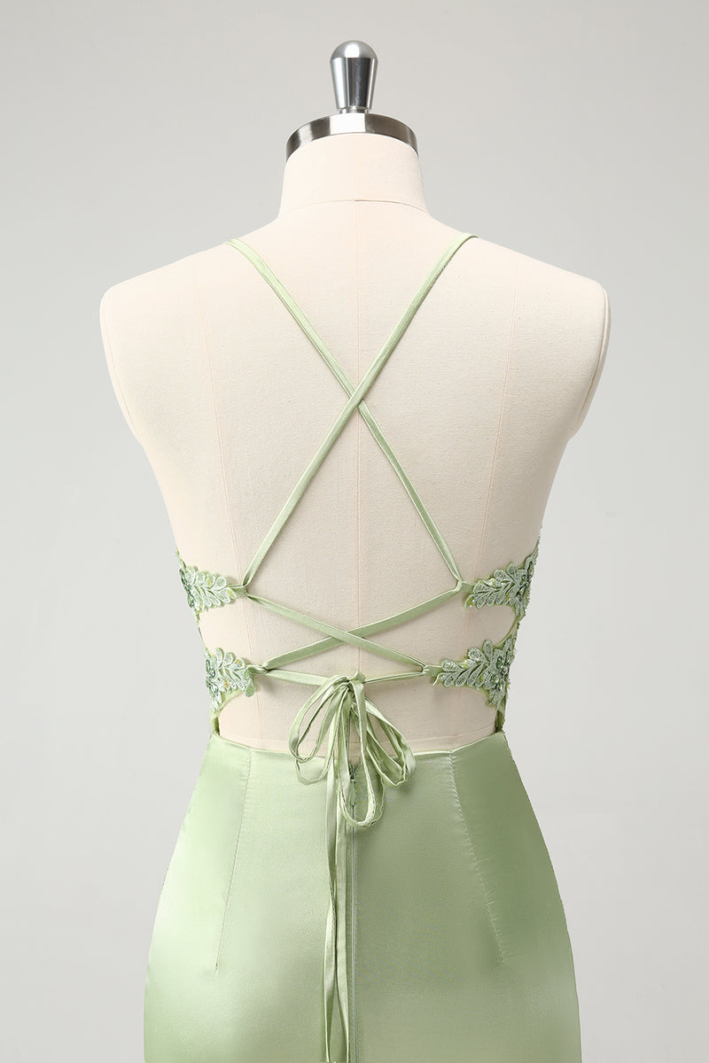 Load image into Gallery viewer, Spaghetti Straps Green Bodycon Satin Homecoing Dress with Appliques