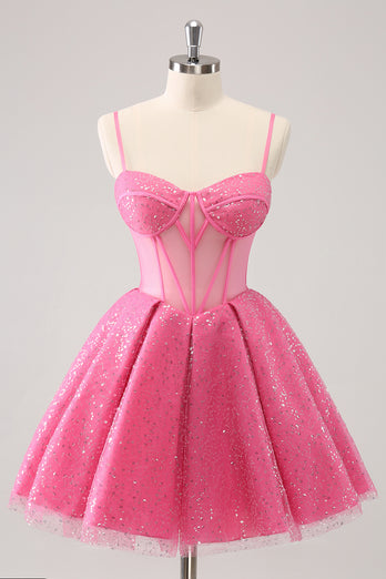 A-Line Pink Spaghetti Straps Corset Homecoming Dress with Sequins