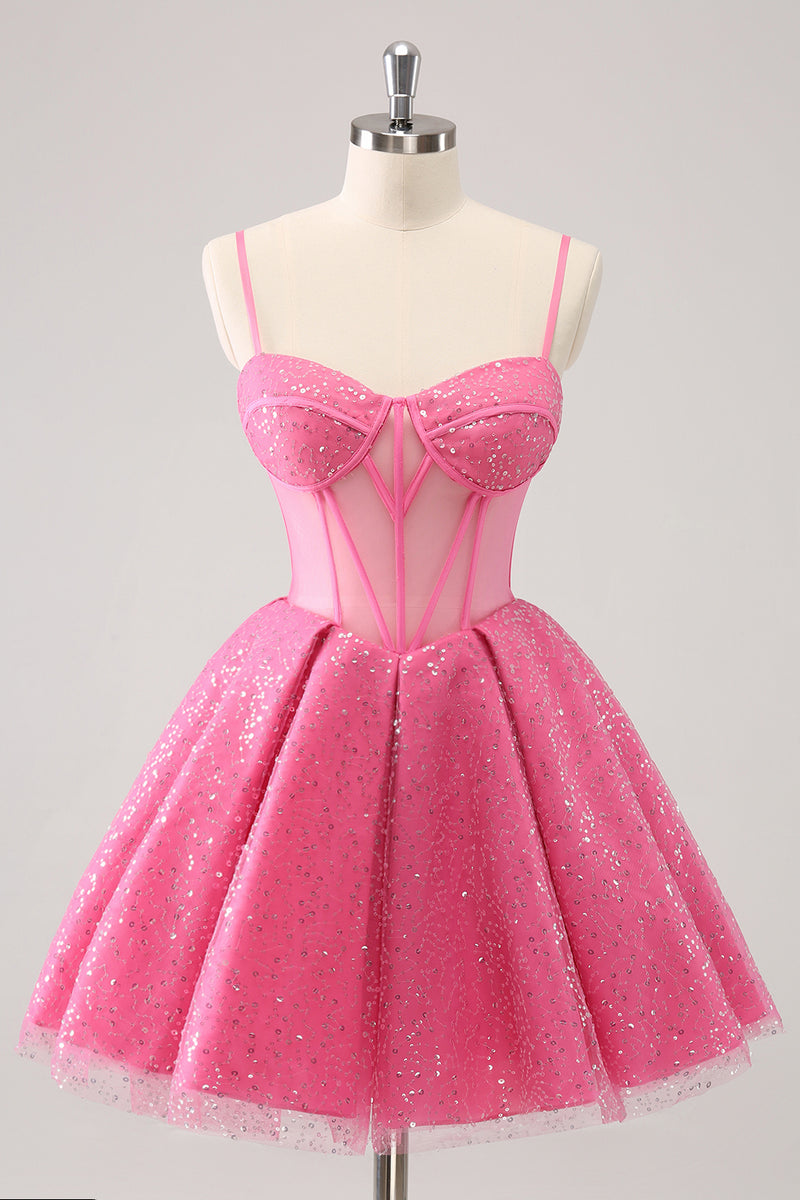 Load image into Gallery viewer, A-Line Pink Spaghetti Straps Corset Homecoming Dress with Sequins