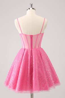 A-Line Pink Spaghetti Straps Corset Homecoming Dress with Sequins