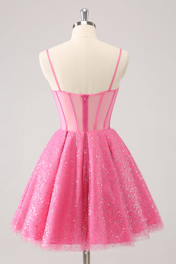 A-Line Pink Spaghetti Straps Corset Homecoming Dress with Sequins