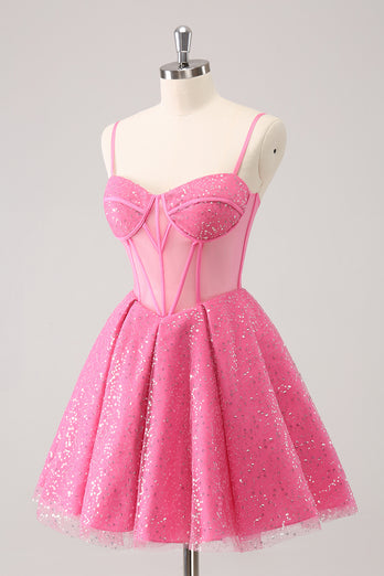 A-Line Pink Spaghetti Straps Corset Homecoming Dress with Sequins