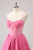 Load image into Gallery viewer, A-Line Pink Spaghetti Straps Corset Homecoming Dress with Sequins