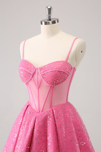 A-Line Pink Spaghetti Straps Corset Homecoming Dress with Sequins