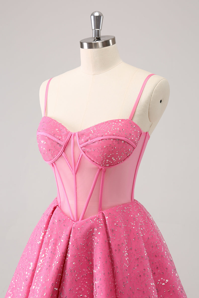 Load image into Gallery viewer, A-Line Pink Spaghetti Straps Corset Homecoming Dress with Sequins