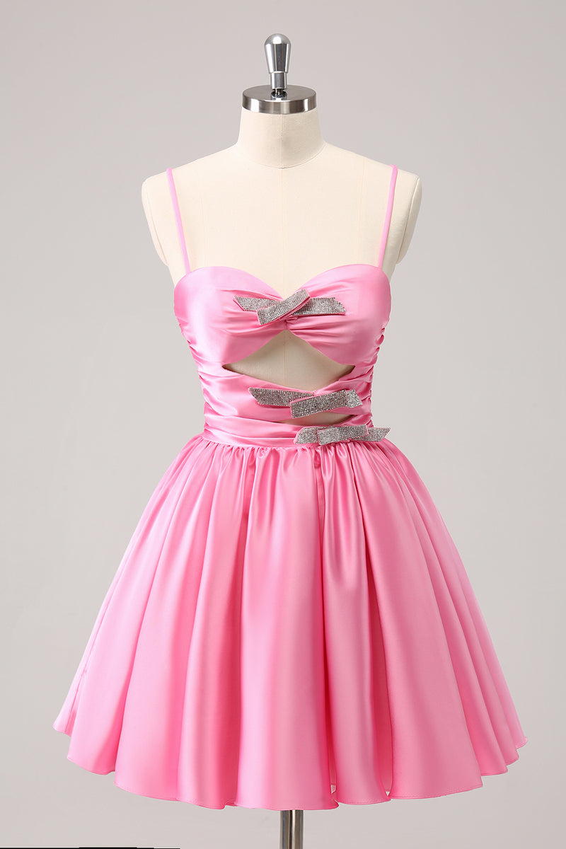 Load image into Gallery viewer, Pink A-Line Spaghetti Straps Pleated Homecoming Dress with Keyhole