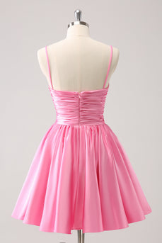 Pink A-Line Spaghetti Straps Pleated Homecoming Dress with Keyhole