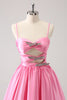 Load image into Gallery viewer, Pink A-Line Spaghetti Straps Pleated Homecoming Dress with Keyhole