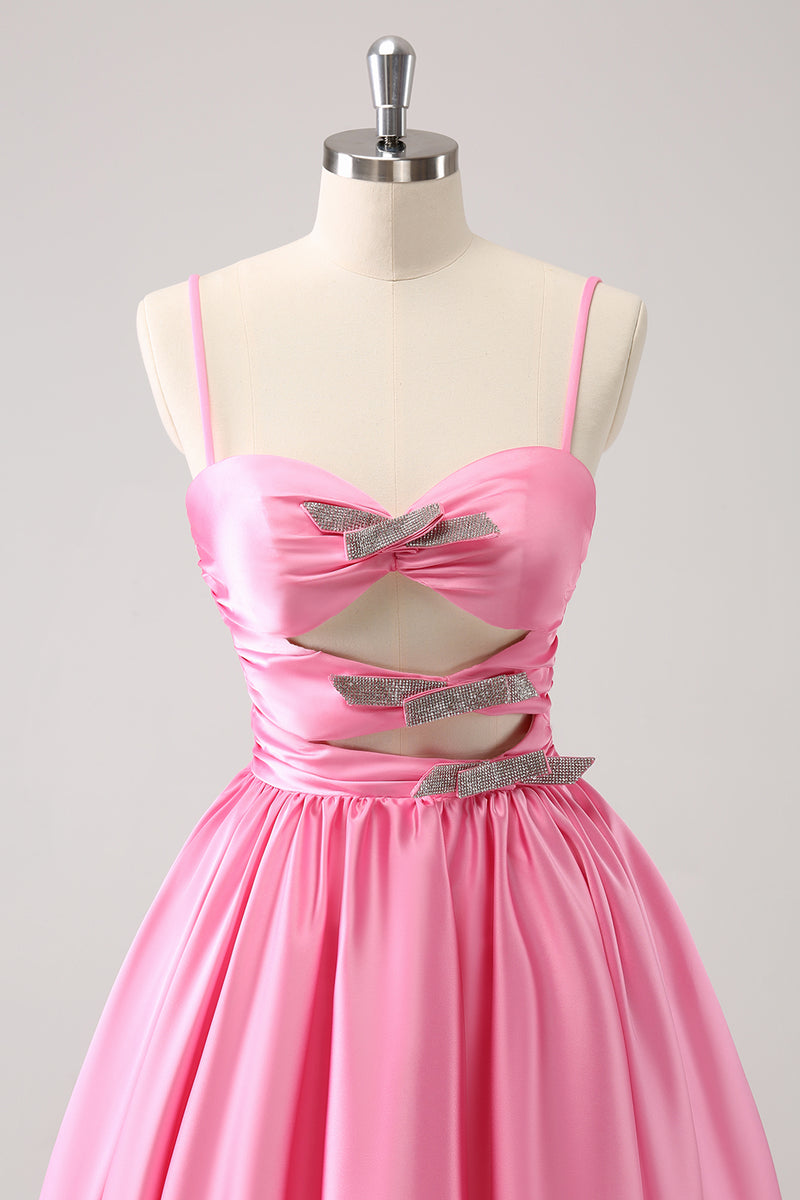 Load image into Gallery viewer, Pink A-Line Spaghetti Straps Pleated Homecoming Dress with Keyhole