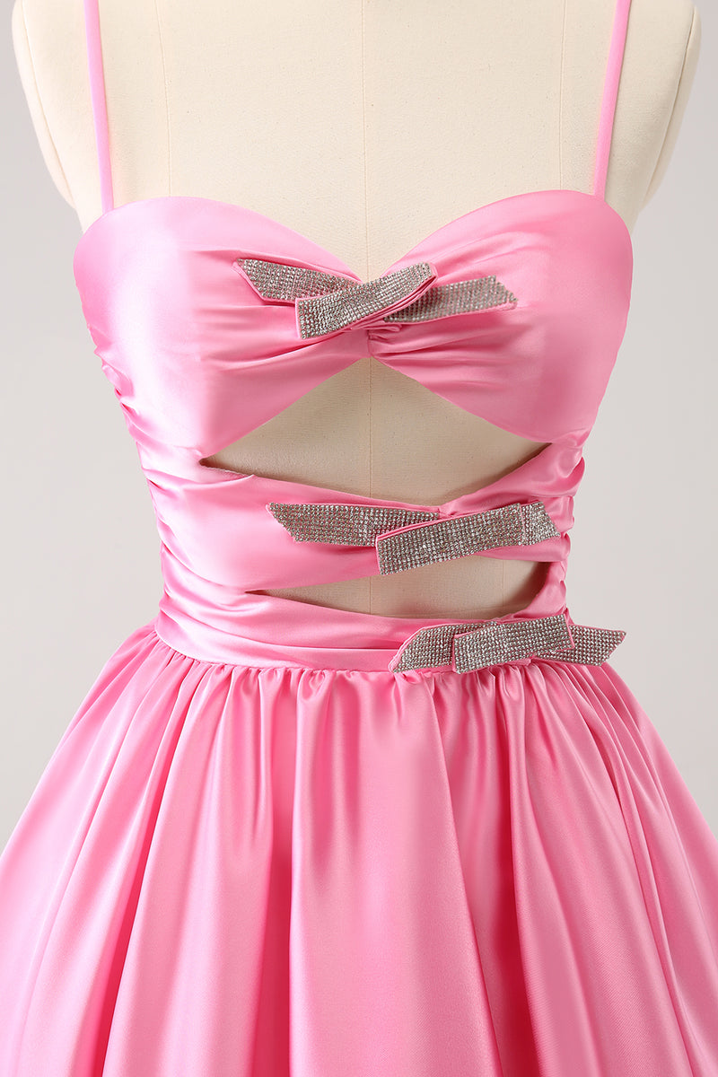 Load image into Gallery viewer, Pink A-Line Spaghetti Straps Pleated Homecoming Dress with Keyhole