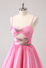 Load image into Gallery viewer, Pink A-Line Spaghetti Straps Pleated Homecoming Dress with Keyhole