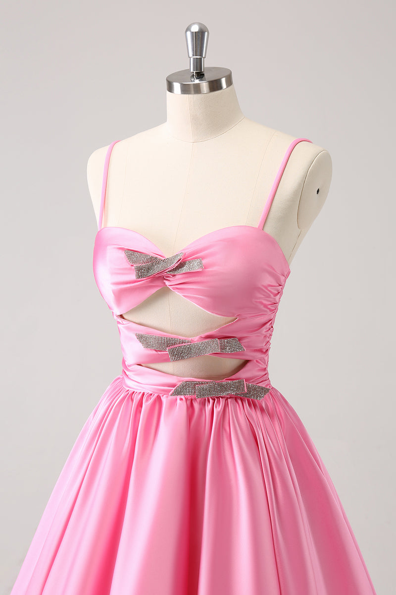 Load image into Gallery viewer, Pink A-Line Spaghetti Straps Pleated Homecoming Dress with Keyhole