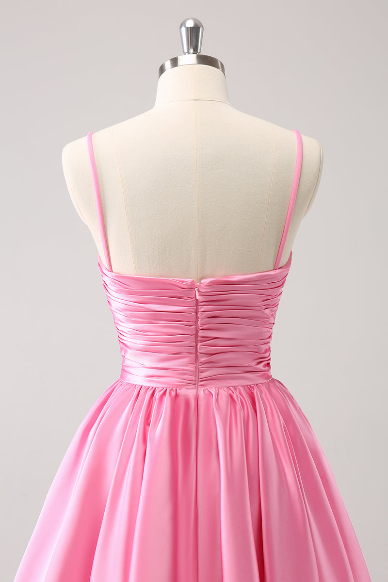 Load image into Gallery viewer, Pink A-Line Spaghetti Straps Pleated Homecoming Dress with Keyhole