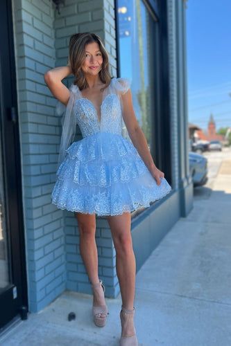 Sparkly Blue A-Line Tiered Short Homecoming Dress with Sequins