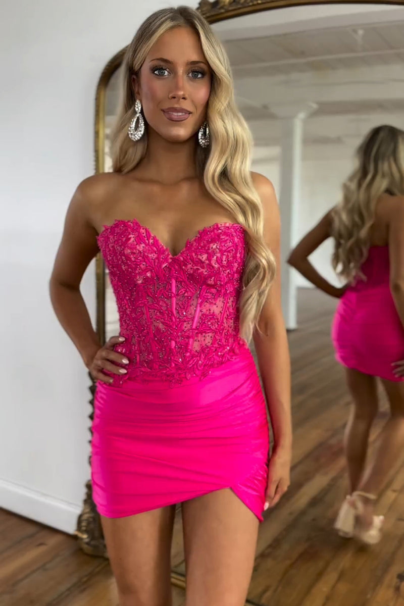 Load image into Gallery viewer, Sweetheart Fuchsia Bodycon Corset Homecoming Dress with Lace