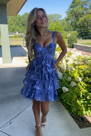 Sparkly Blue A Line Short Ruffled Homecoming Dress with Sequins