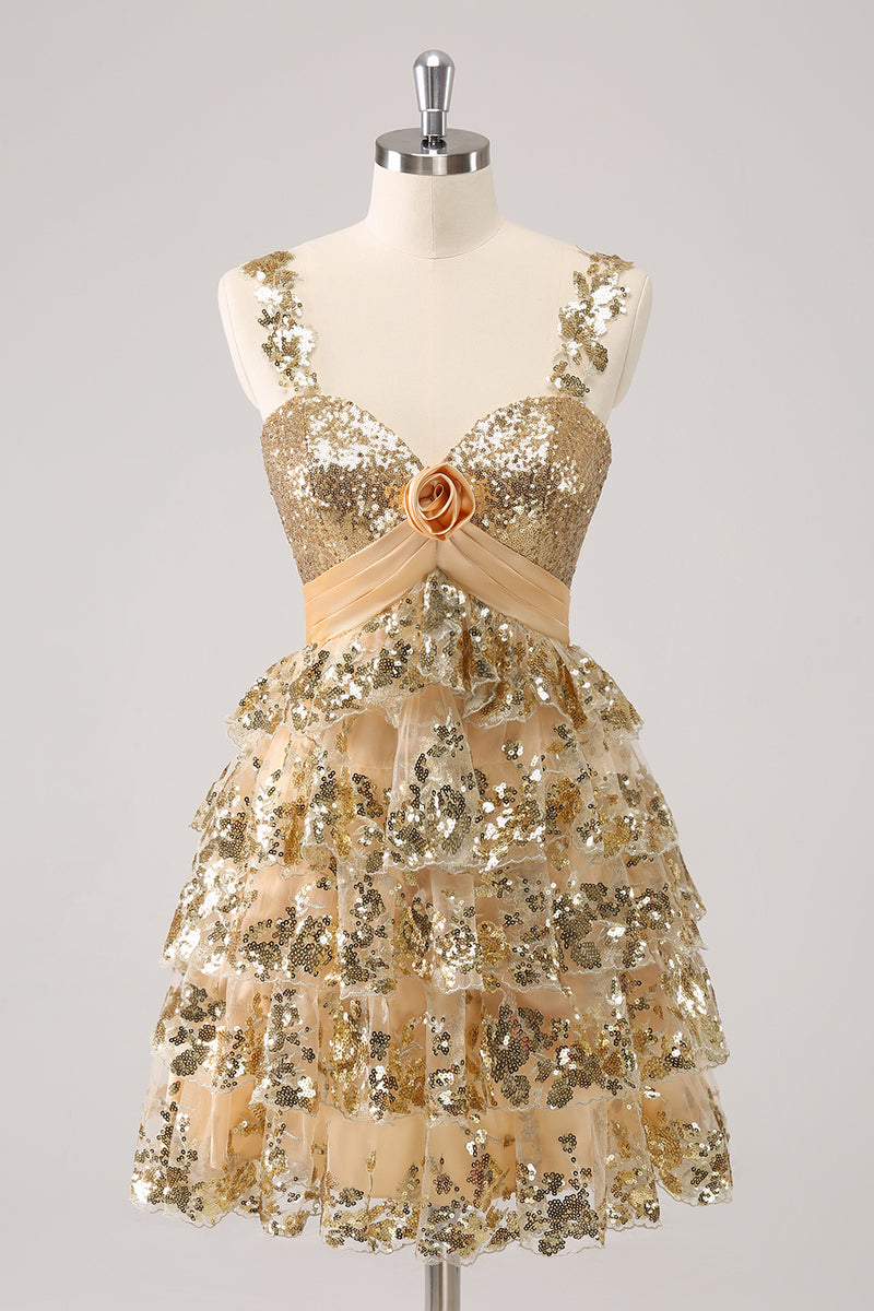 Load image into Gallery viewer, Golden A-Line Spaghetti Straps Sequined Homecoming Dress with Flower