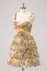 Load image into Gallery viewer, Golden A-Line Spaghetti Straps Sequined Homecoming Dress with Flower