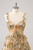 Load image into Gallery viewer, Golden A-Line Spaghetti Straps Sequined Homecoming Dress with Flower