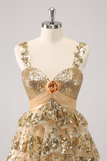 Golden A-Line Spaghetti Straps Sequined Homecoming Dress with Flower