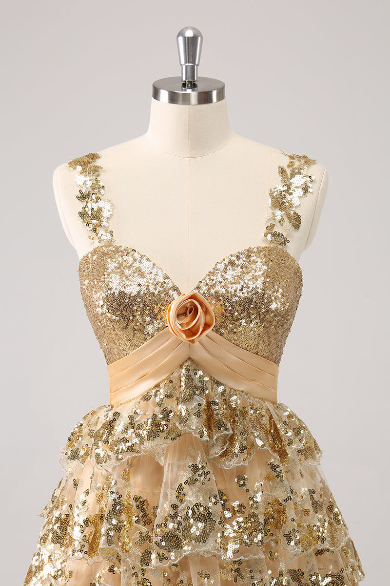 Load image into Gallery viewer, Golden A-Line Spaghetti Straps Sequined Homecoming Dress with Flower