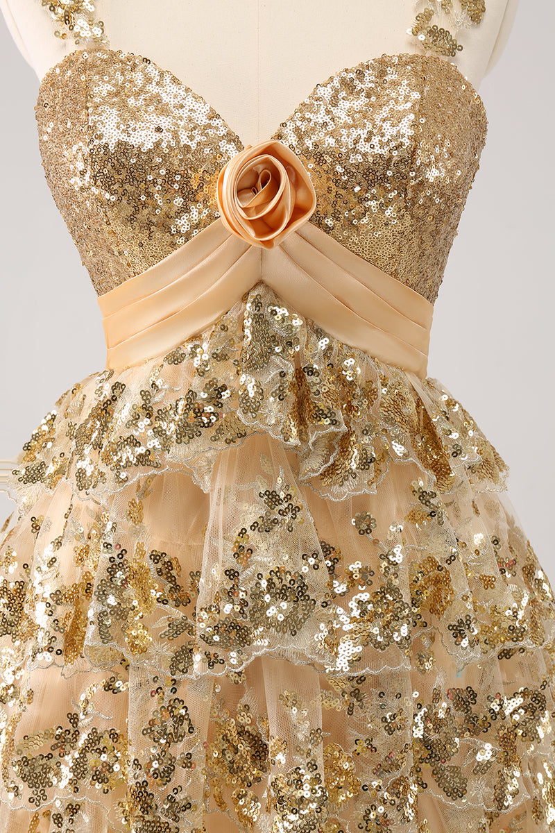 Load image into Gallery viewer, Golden A-Line Spaghetti Straps Sequined Homecoming Dress with Flower